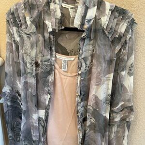 Diane von Furstenberg Sheer Floral Ruffle Blouse in Gray and Cream